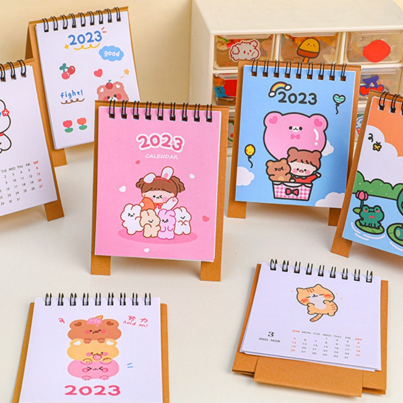 2023 Kalender Meja Mini Motif Kartun Kucing / Beruang Lucu Untuk Dekorasi Meja Sekolah