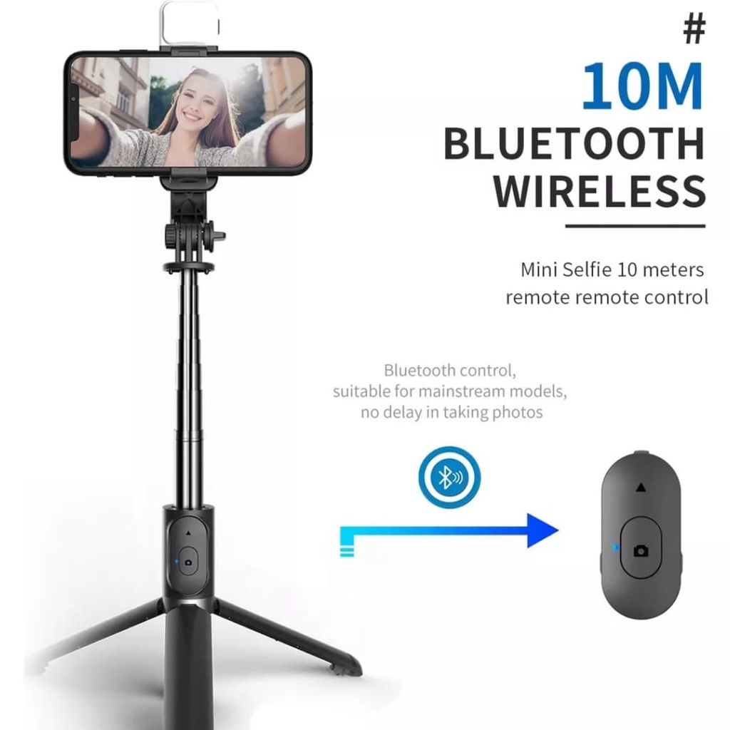 Tongsis Selfie stick R1S LED 3in1 Plus Remote Control Bluetooth Tripod-Tripod Tongsis Wireless R1-S LED With Standing Wireless Nirkabel Monopod Support Ios Android Dudukan GoPro