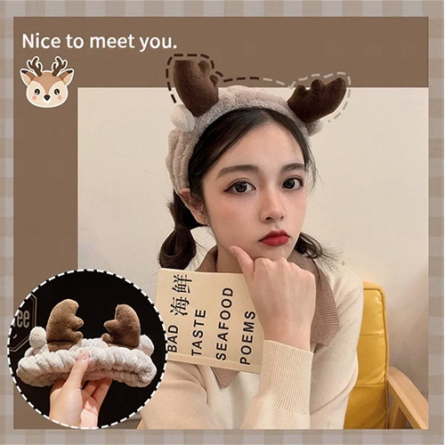 HHEL headband fluffy elk tanduk rusa besar kain handuk cuci muka facial