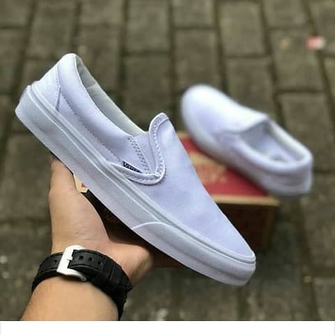 Sepatu Vans Slip On Full White Sneakers Kets Putih Kado Hadiah Sekolah Kuliah Kerja fashion ootd kekinian Pria Wanita keren kece model keren