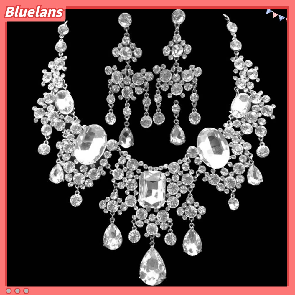 2pcs / Set Kalung Anting Rumbai Full Berlian Imitasi Untuk Pengantin