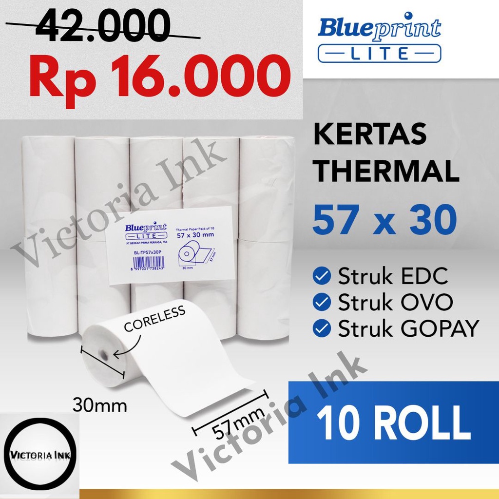 Kertas Thermal 57×30 57x30 Thermal Blueprint Printer Lite 58  -  Cocok Untuk Printer Mini 58mm 57mmx30mm EDC POS BRI PPOB Coreless