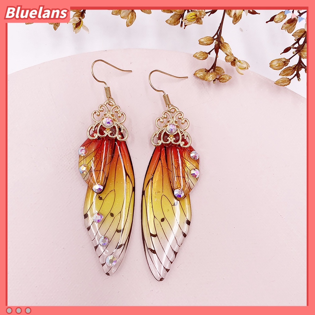 Anting Kait Desain Sayap Kupu-Kupu Aksen Berlian Imitasi Warna Gradasi Untuk Wanita