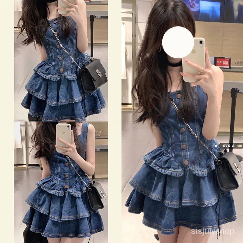 #Sisjuly# Gaun bertali denim wanita wanita retro ruffle ruffle pinggang-skimming tank dress