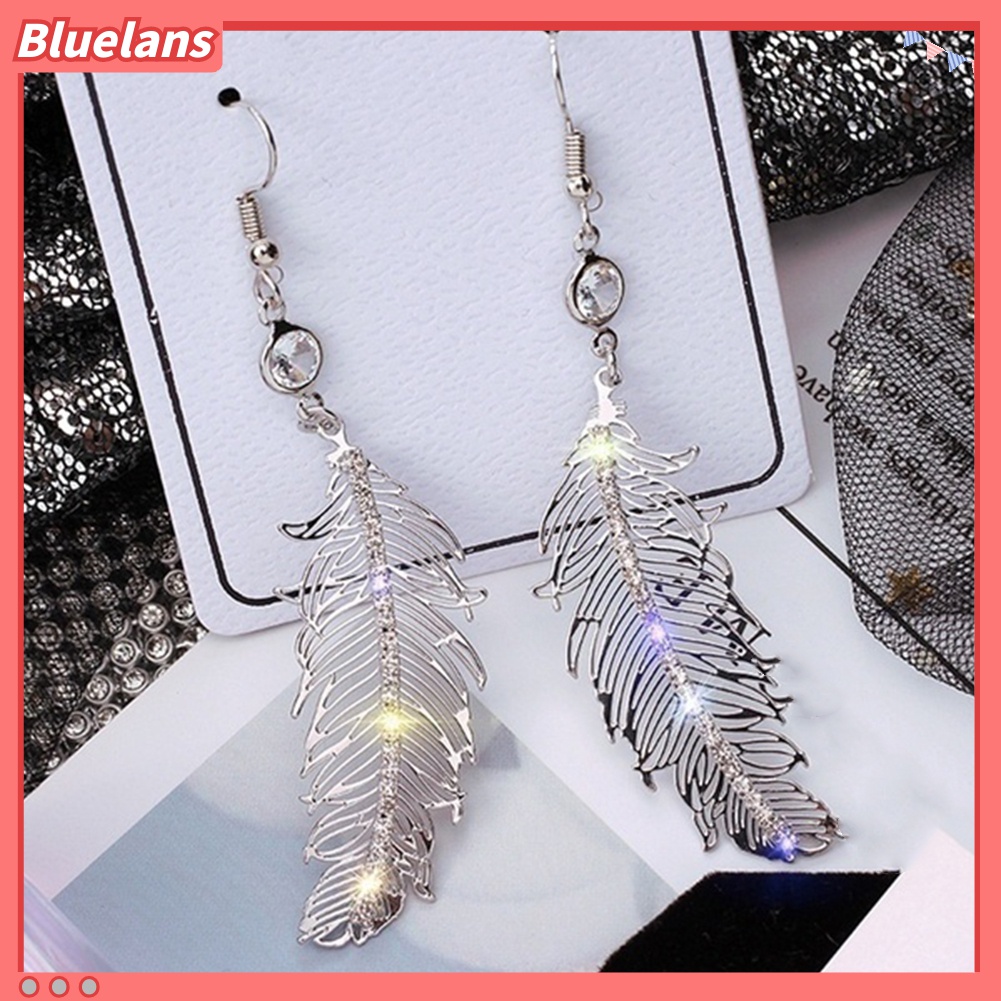 Anting Kait Gantung Panjang Desain Bulu Hollow Hias Berlian Imitasi Bahan Metal Untuk Wanita