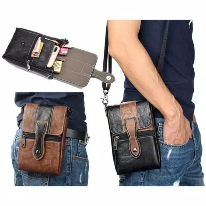 tas pria kulit selempang pinggang import / tas hp travel universal