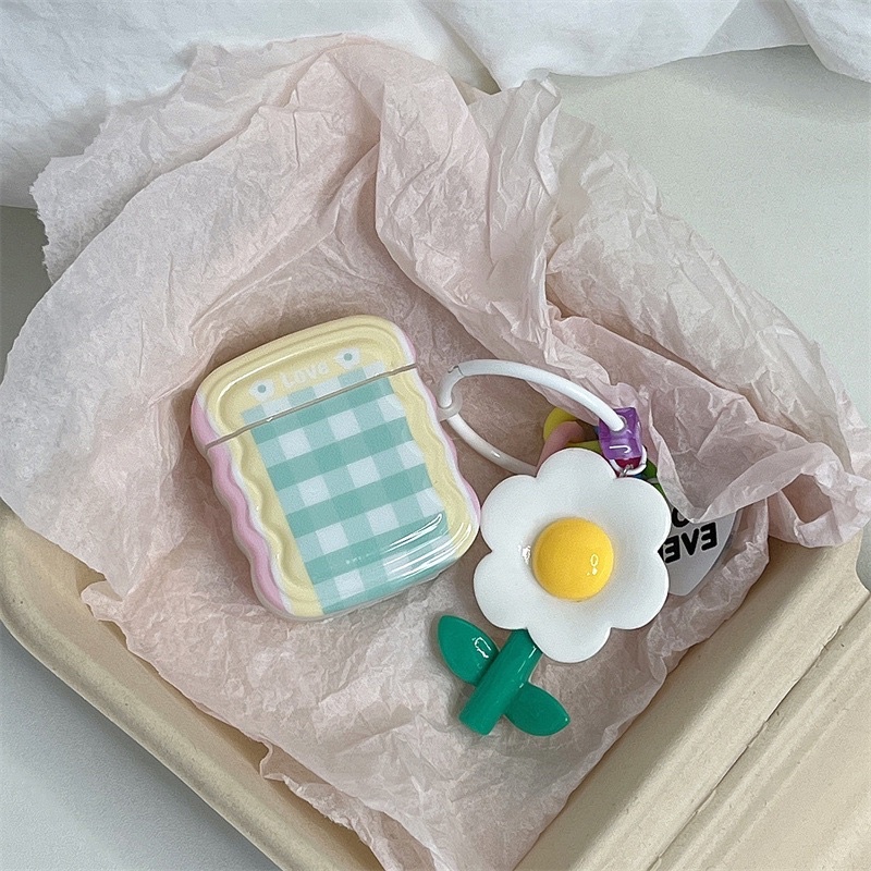 Pastel Yellow Checkered with Daisy Holder Softcase for Apple Airpods 1/2 Pro 3 Case Airpods Lucu