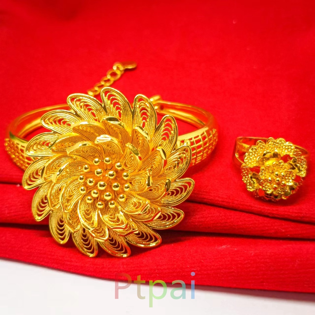 Set Gelang Kendari Matahari free cincin terbaru lapis emas 24k gold fashion Dubai Perhiasan xuping bunga bangle