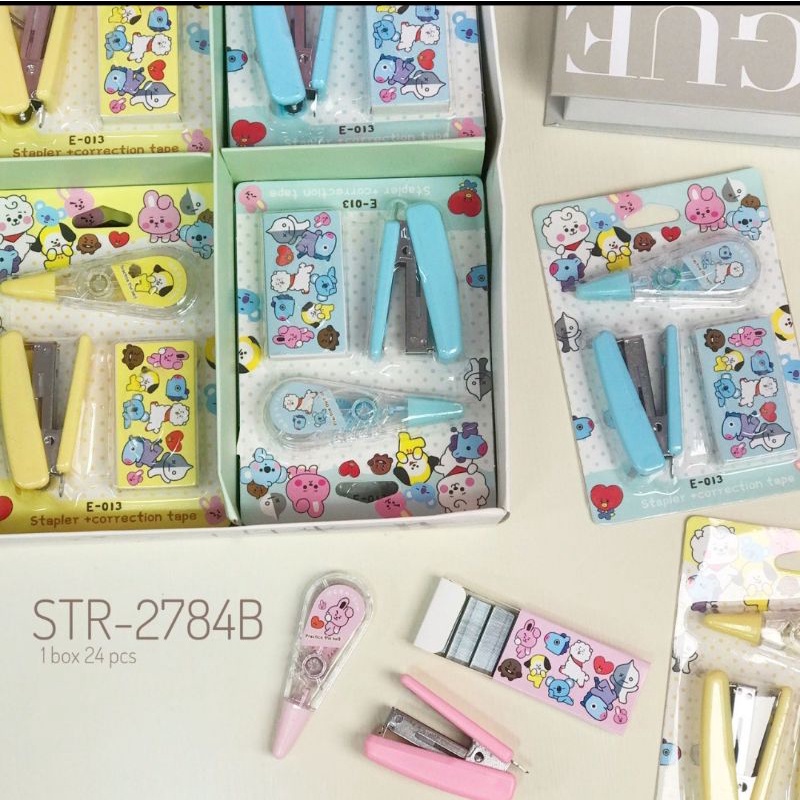 Set Stapler isi dan correction pen Alat Tulis Anak Sekolah Mini Praktis Ringan Murah BT21 Karakter P