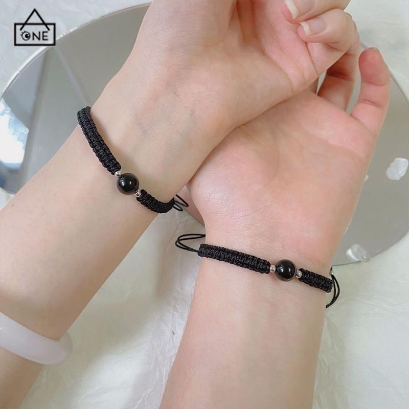 COD❤️Gelang Couple Manik-Manik Kristal Wanita Pria Tenun Pasangan Obsidian Rasa Desain Niche Temperamen Sederhana Tali Gelang Kristal-A.one