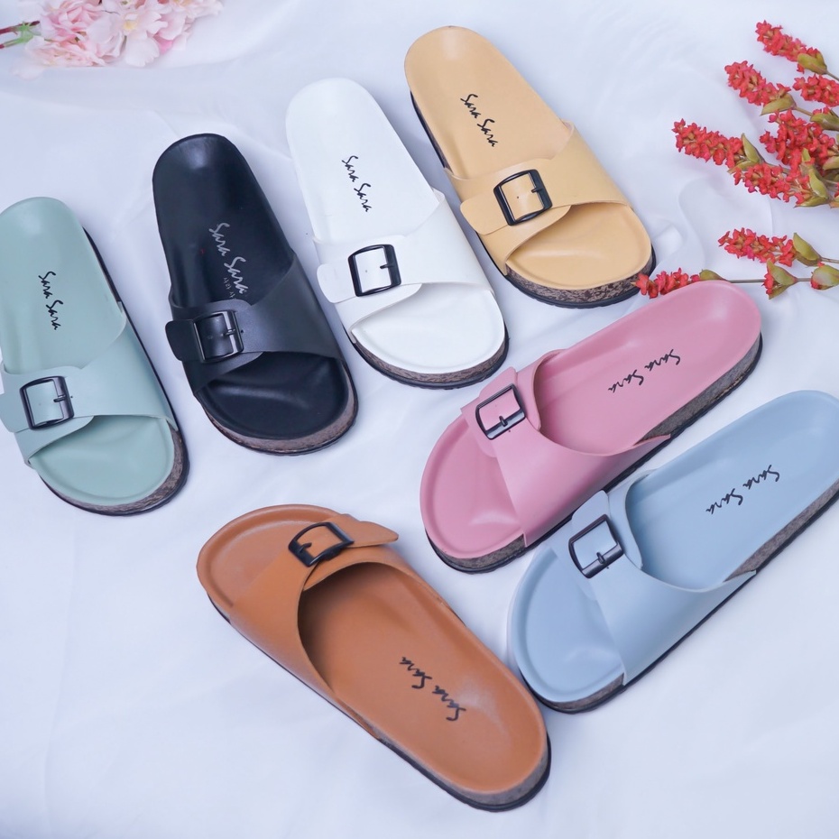 SARASARA YUK - Sandal Wanita Casual Model Slop Birken Sol Puyuh SARA SARA BILLY Sendal Cewek Sol Kulit Santai Singgle Strap Rumahan Gesper Empuk Ringan Size 36 37 38 39 40 Warna Blue Biru Soft Selop Anti Slip Original Terbaru Shoes ORI Mall Official Store