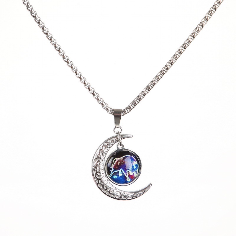 Kalung Liontin 12 Zodiak Luminous Bahan Stainless Steel Untuk Pria Dan Wanita
