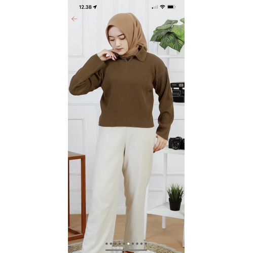 Polo Knit Crop Atasan rajut Wanita Berkerah Polo Lengan Panjang Terbaru