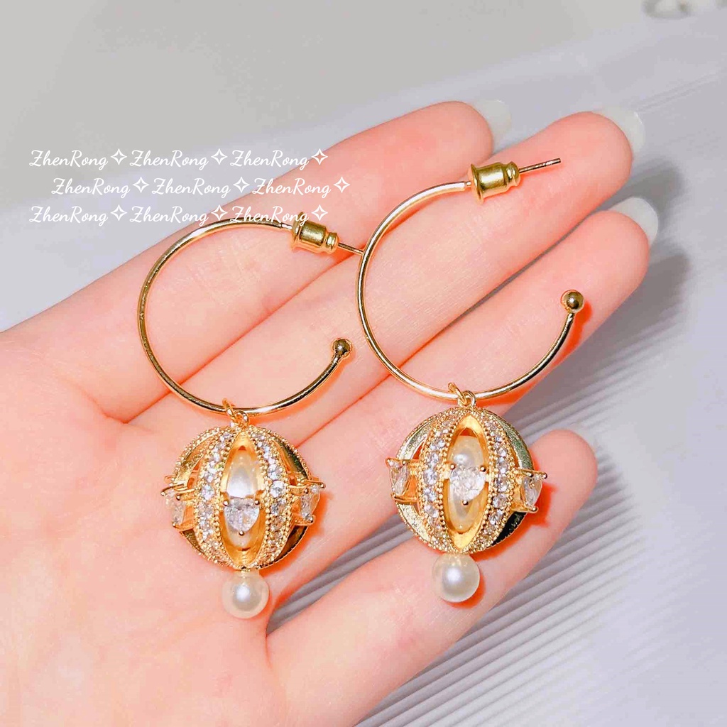 Goldkingdom Perhiasan Fashion Emas Asli Kadar 375 Bangkok Aksesoris Ready Stock French Fleksibel Rotary Full Diamond Kuping Cahaya Mewah Lentera Zirkon Anting Mutiara