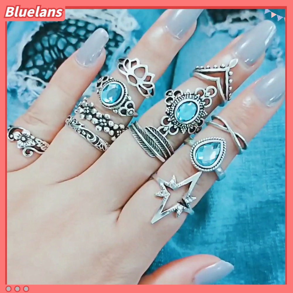 Bluelans 11Pcs Women Retro Hollow Rhinestone Knuckle Midi Finger Tip Stacking Joint Ring