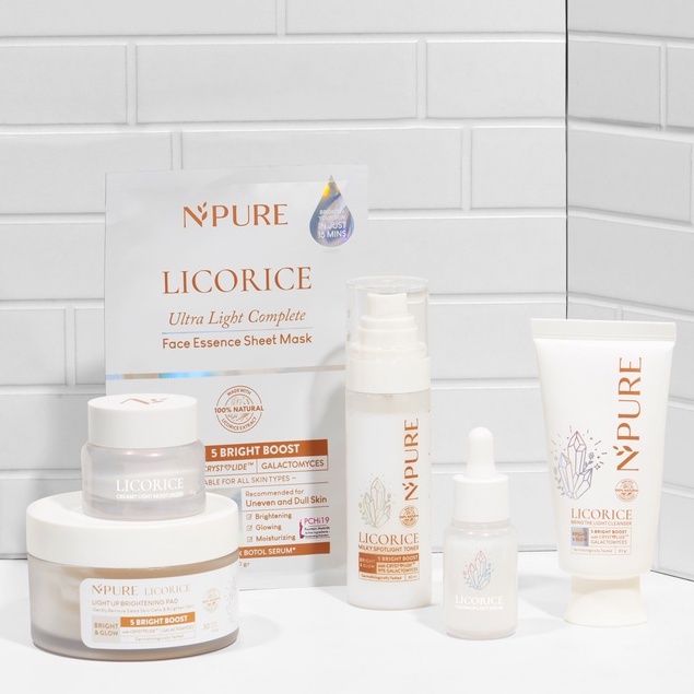 NPURE Licorice Brightening Series | Face Wash 80gr | Toner 80ml |Serum 20ml | Moisturizer 25gr | Clear Pad 100gr (30pads) | Sheet Mask