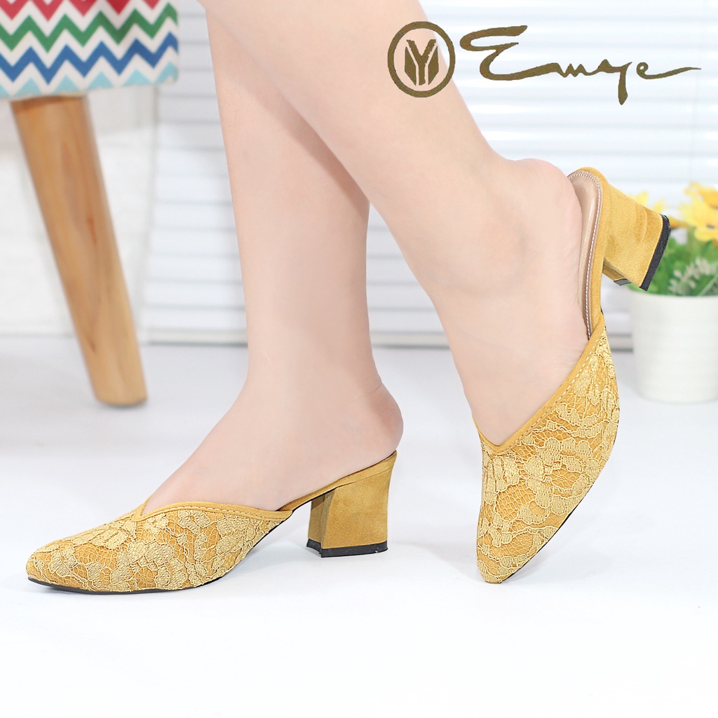 EMYE BM05- Sandal Pesta Pengantin Wanita Brukat Glitter Original 5cm Harga Grosir Elegan Mewah Terbaru Kekinian