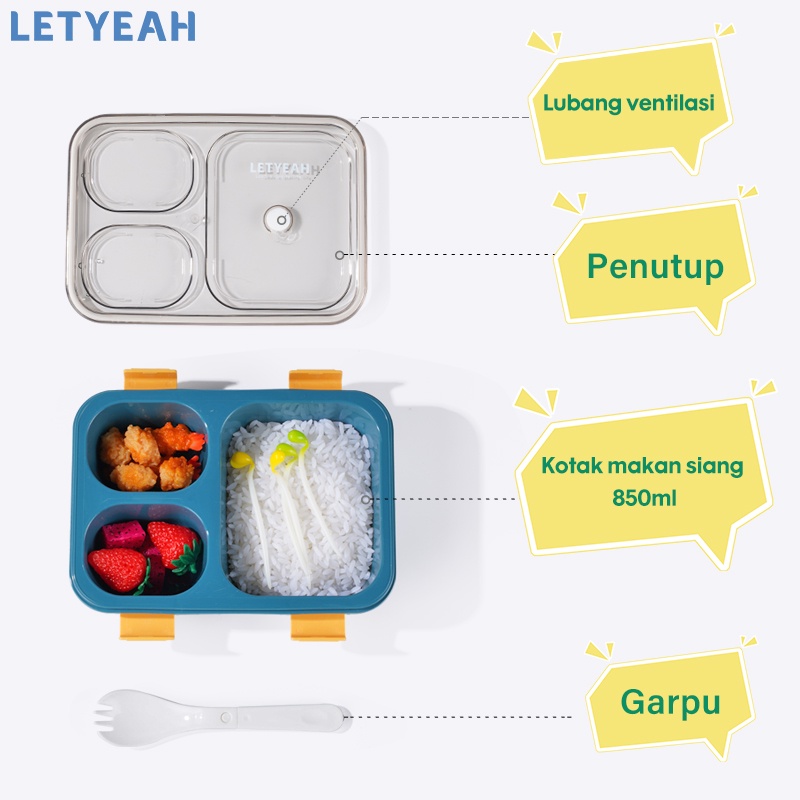 letyeah Lunch box anak /850ml kotak makan anti tumpah /tempat makan 3 grid /BPA free