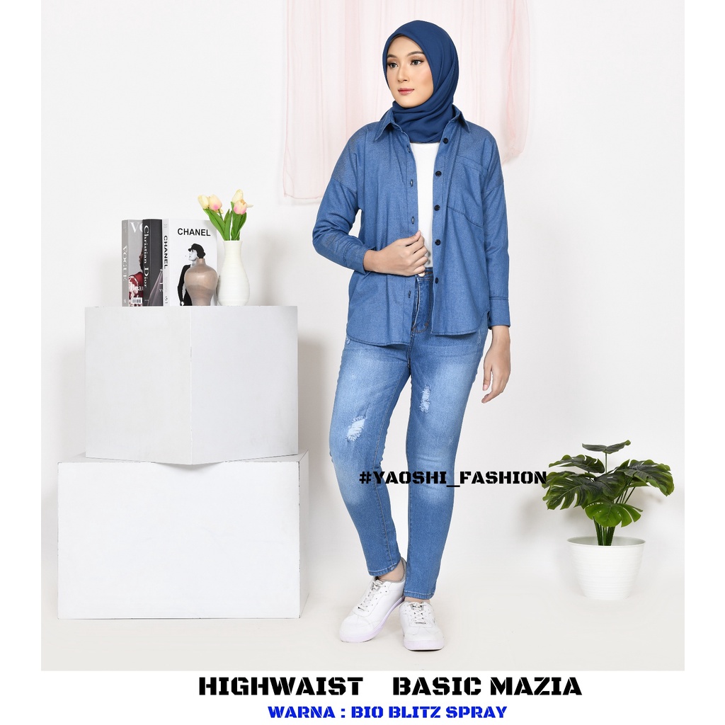 YAOSHI -CELANA PANJANG DENIM/JEANS PINGGANG TINGGI WANITA - Highwaist Denim Mazia Ripped - Bahan  Super Good Quality SIZE 31-34