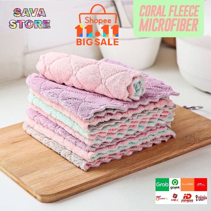 KAIN LAP PIRING ANTI MINYAK TEBAL / KAIN LAP MICROFIBER DAPUR LAP CUCI PIRING GELAS CORAL FLEECE