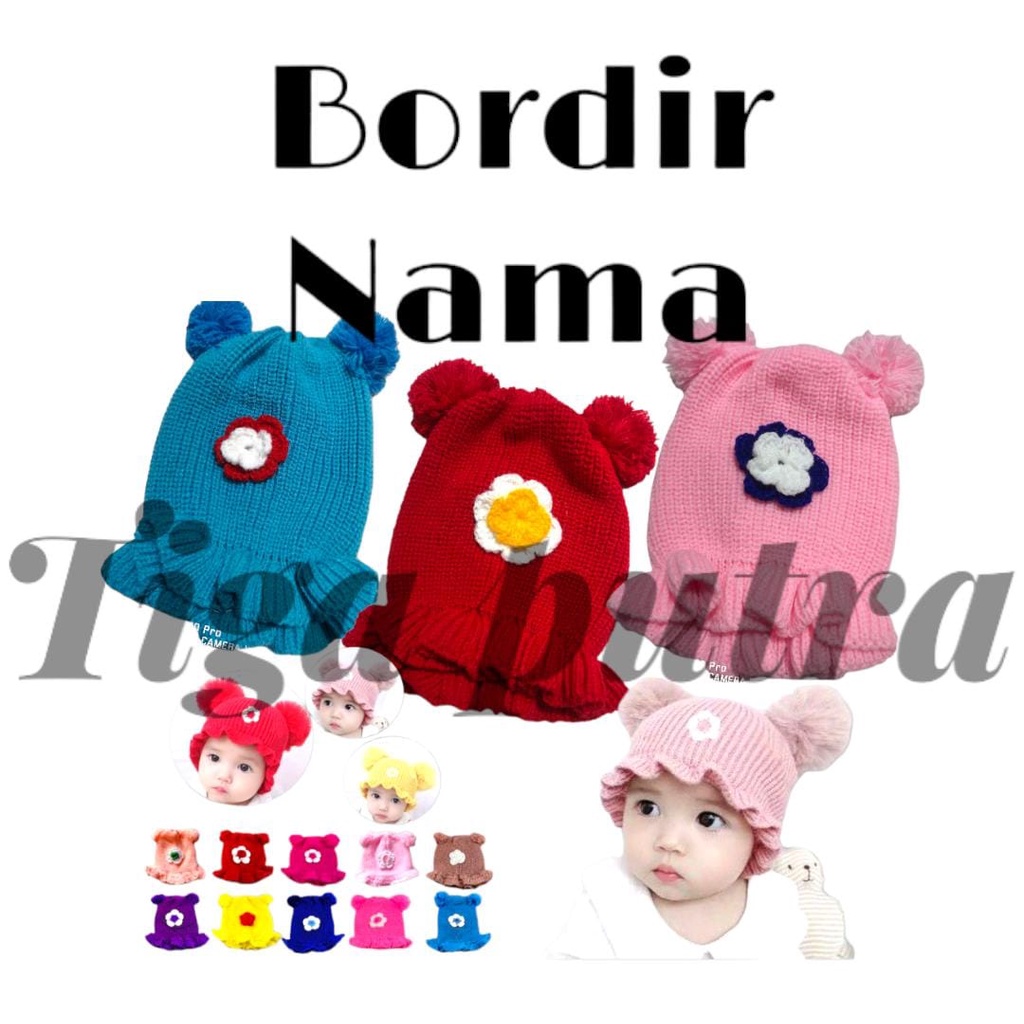 Topi Bayi Anak Pompom Renda Bunga gratis bordir nama Kupluk Bayi Renda Motif Bunga Polosan 6 Bulan - 2 Tahunan