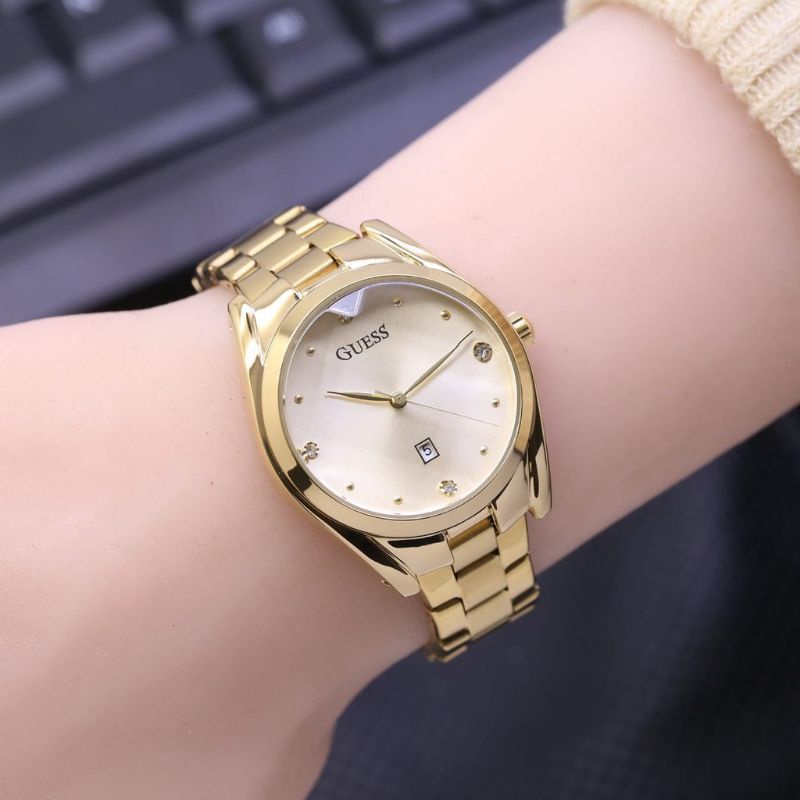 (Terima Cod)Jam Tangan Wanita Gues Mata Tanggal Aktif Strap Rantai/Stell(Dikirim Jakarta)