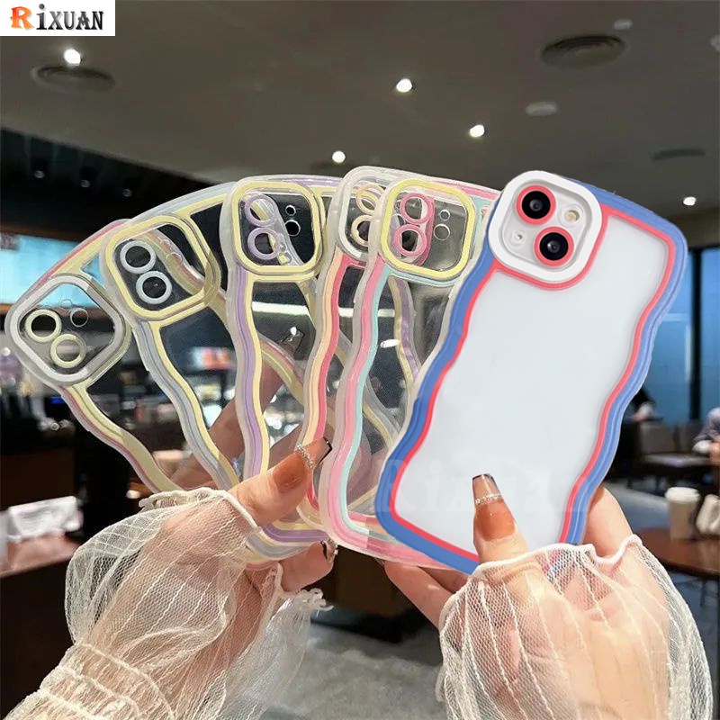 Casing Frame Wavy Realme 10 C35 C30 C33 C31 Realme9i 6i 5i C15 C25s C21Y C11 C12 C25Y C11 2021 C2 C3 A1K A76 A96 Simple Macaron Jahitan Kontras Warna Soft TPU Clear Cover RIXUAN