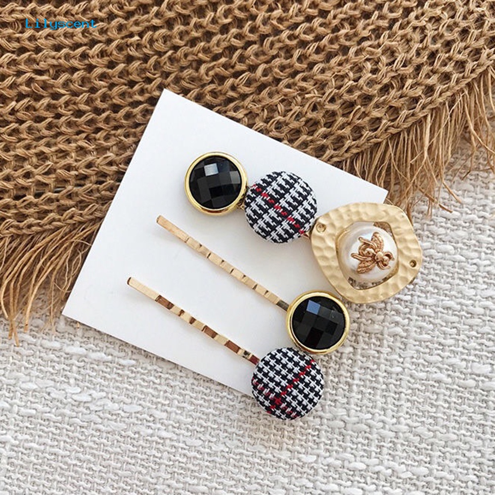 3pcs / Set Jepit Rambut Mutiara Imitasi Bentuk Hati Bintang Houndstooth Untuk Wanita