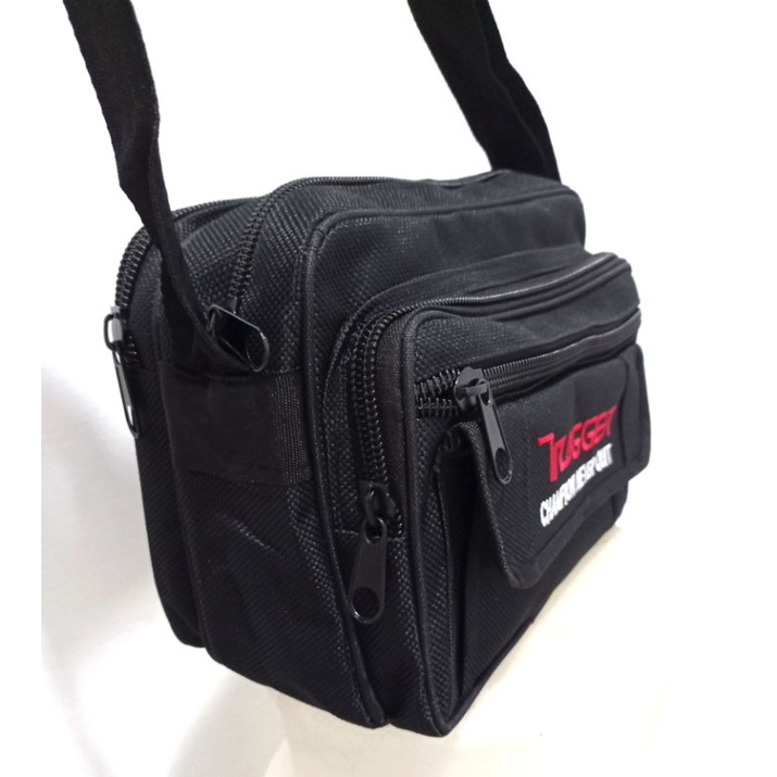 Tas selempang pria hitam bahan polyester tebal 5 kantong