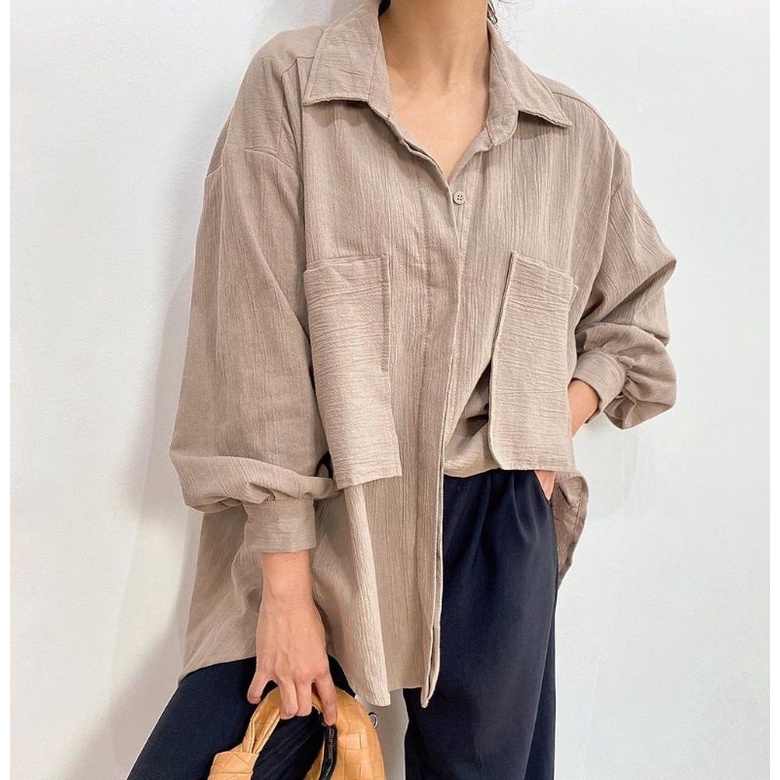 READY STOCK | Kemeja Oversize Linen blouse Wanita - Linen Crinkle Shirt - Atasan kemeja