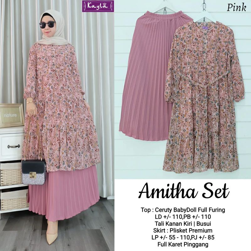 AMITHA SET BY KAYLA / ONESET WANITA MUSLIMAH / Setelan rok ibu-ibu tunik