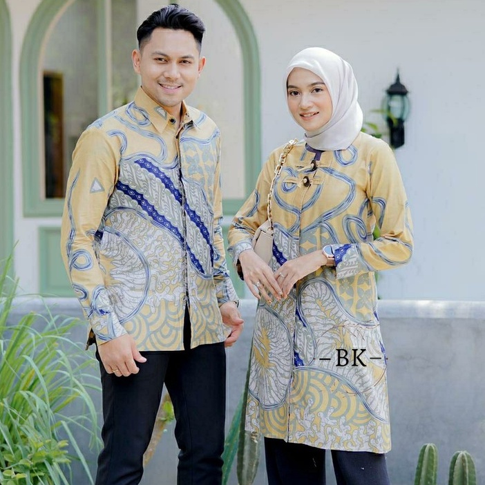 Baju Batik Couple Batik Wanita Sarimbit Batik Pasangan Katun Lengan Panjang Motif Wajik Kuning KNz