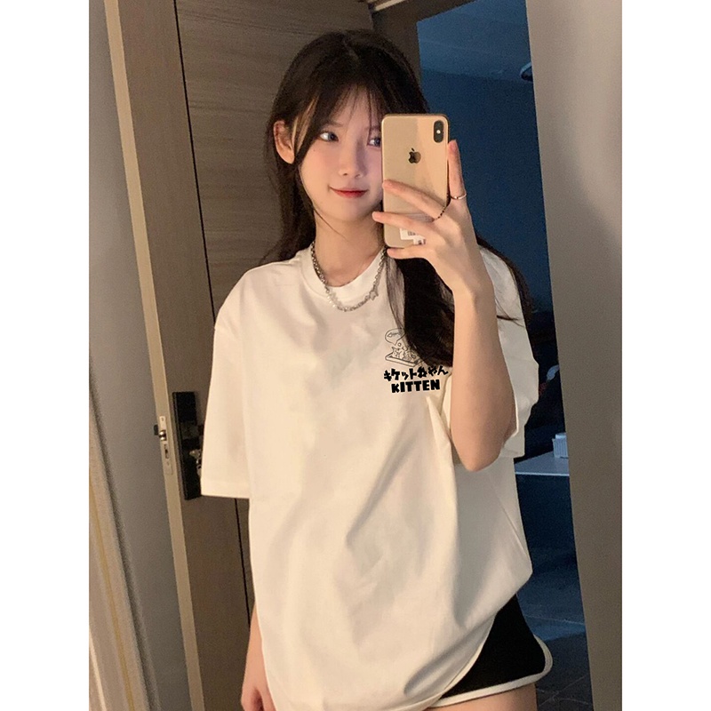 EUNII T-shirt Lengan Pendek Imut Pizza Kucing Pencetakan Longgar Korean Style/Kaos Atasan Wanita/Baju Kaus Oversize Wanita