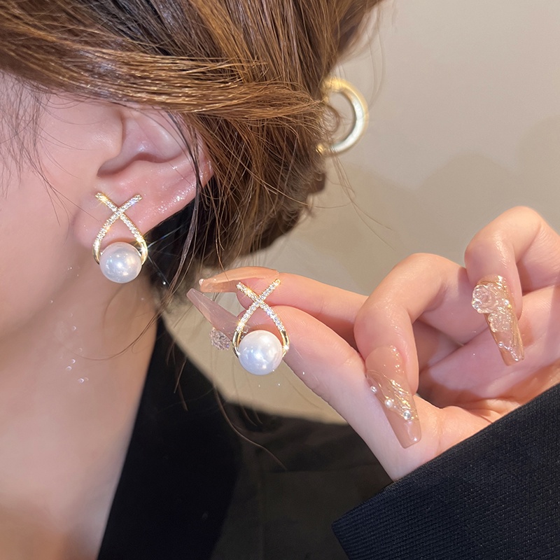 Anting Mutiara Berlian Imitasi Bentuk X Gaya Korea Untuk Wanita