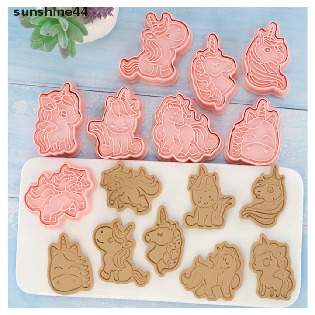 Sunshine 8pcs / set Cetakan Biskuit Bentuk Kartun Unicorn 3D Bahan Plastik