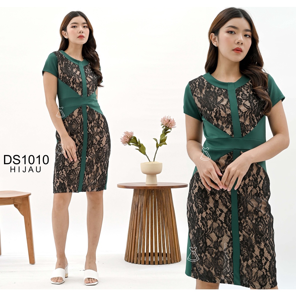 DS1010 - DRESS PESTA NATAL BRUKAT LACE SEPAN WANITA KANTOR SCUBA