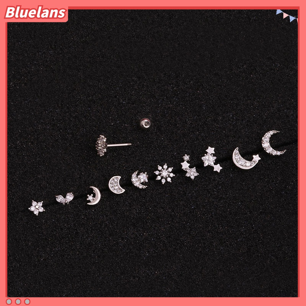 1pc Anting Stud Cubic Zirconia Inlaid Bentuk Bunga Bintang Bulan Untuk Wanita