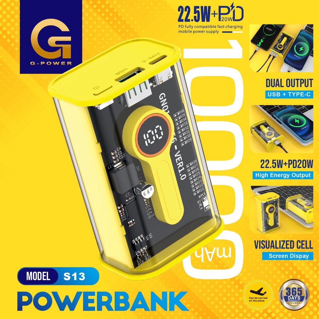 G-POWER POWERBANK TRANSPARAN S13 10000mAh 20W POWER DELIVERY fast charging original garansi resmi