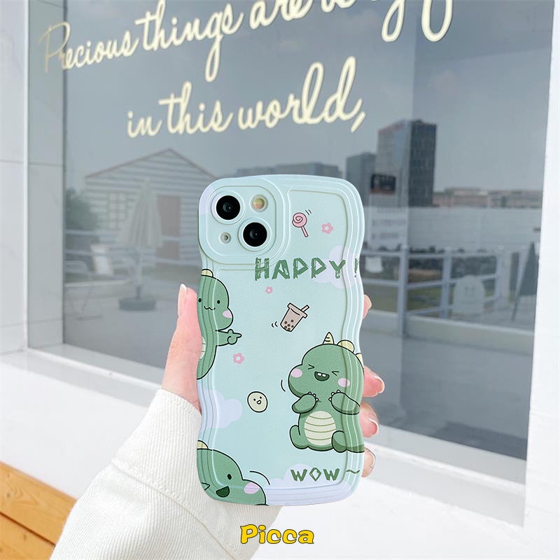 Casing Realme C15 10 C25Y C11 2020 C3 C25 C35 C21Y C12 C25s C20 C11 2021 6i 5i 5 5s 9i C20A C1 Happy Milk Tea Kue Donat Kartun Dinosaurus Kecil Lucu Wavy Edge Soft TPU Cover