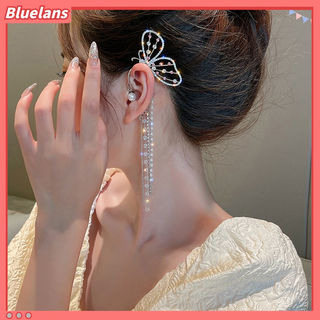 1 Pasang Anting Klip Bentuk Kupu-Kupu Aksen Berlian Imitasi Untuk Wanita