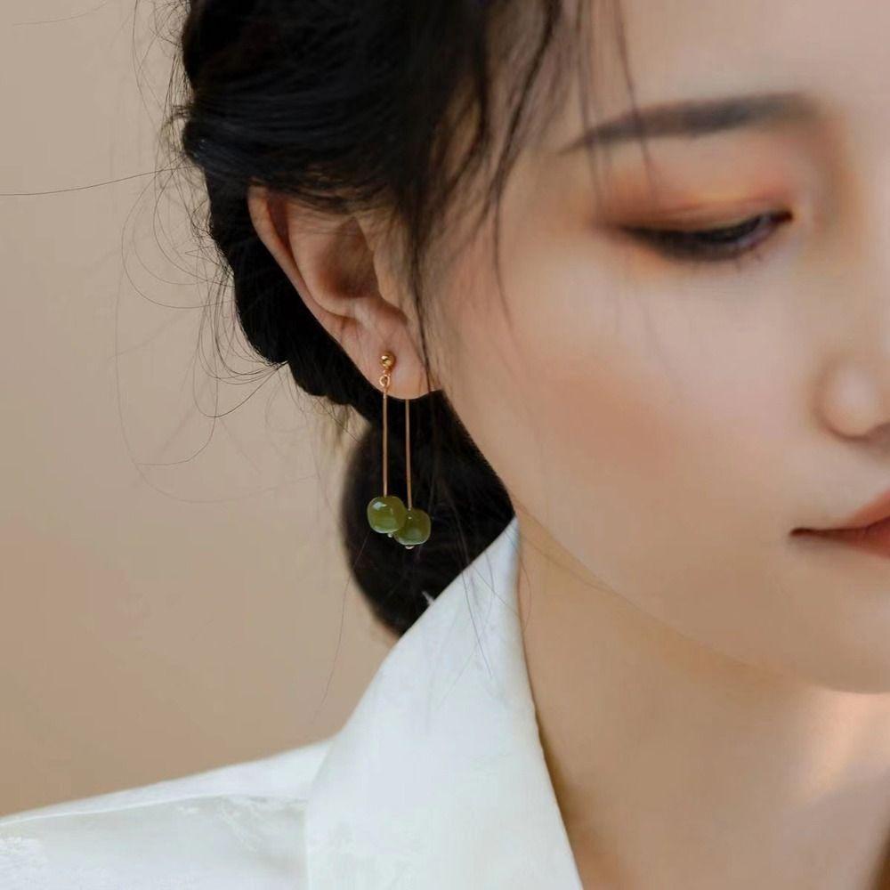 Mxbeauty Wanita Menjuntai Anting Geometris Vintage Imitasi Giok Gaya Kuno Tembaga Lady Fashion Hoop Earrings