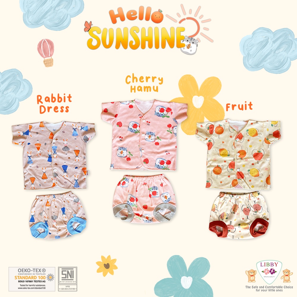 LIBBY Setelan Piyama Bayi Baju Pendek Celana Pendek Newborn NB, 3-6, S, M, L, 2L, XL, XXL Kado Baby