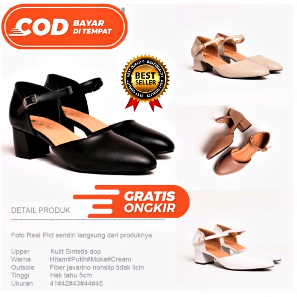 BIG Size 41-42-43-44-45 Sepatu Wanita Hak Tahu Wanita 5 cm Sepatu Pesta Kondangan Ibu Ibu Hitam-Puti