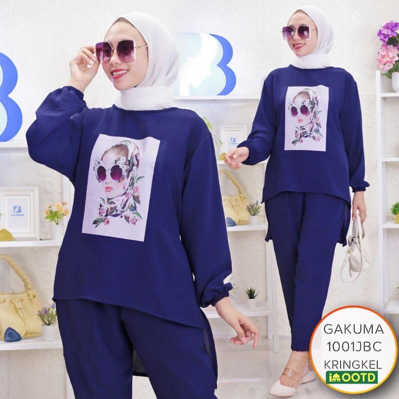 Setelan Crinkle Oversize Motif Sablon