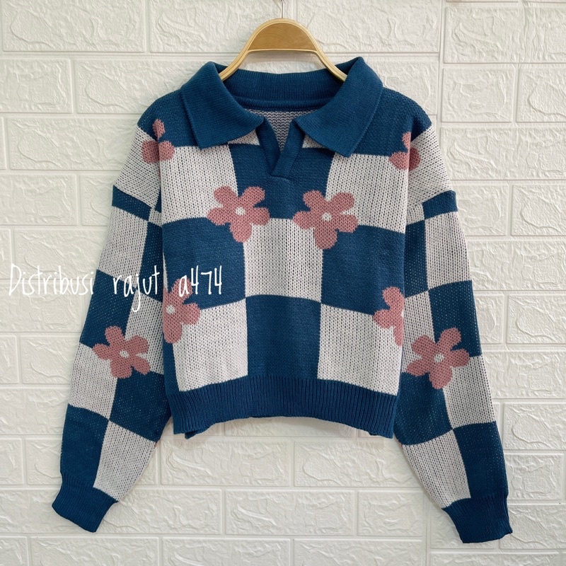 FAMELA ATASAN  SWEATER RAJUT CROP  KERAH MOTIF KOTAK KOTAK BUNGA WANITA