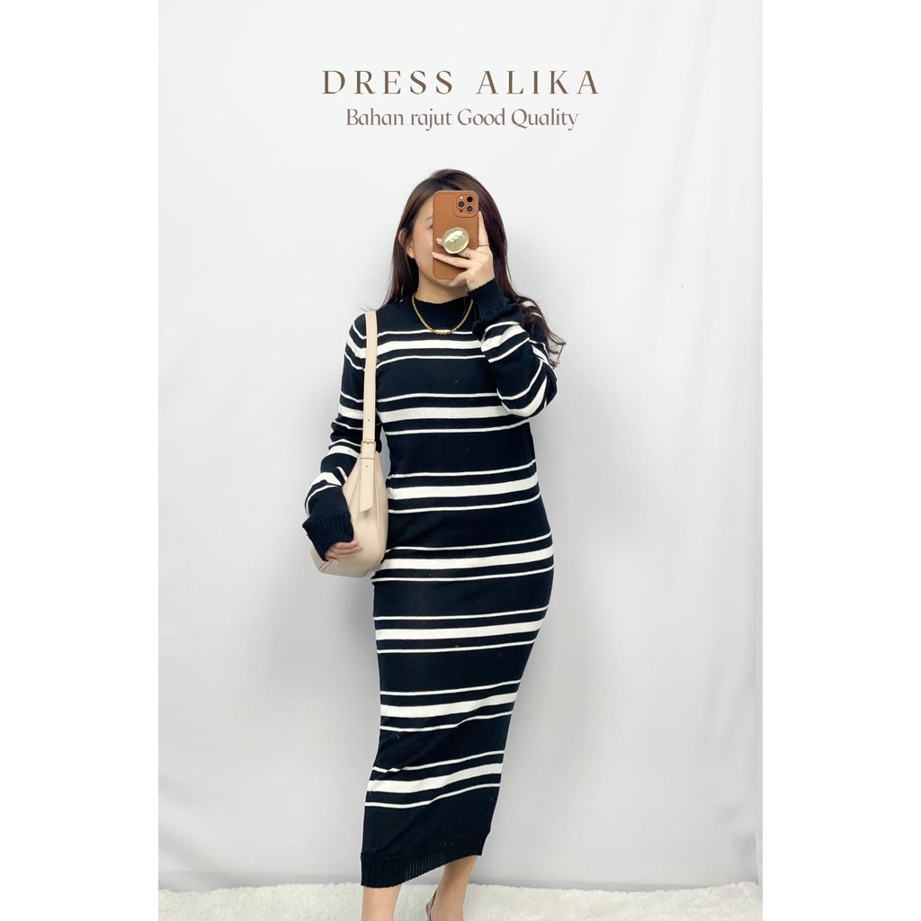 HOPYLOVY - Dress Bahan Rajut Wanita Tebaru Lengan Panjang Alika Salur