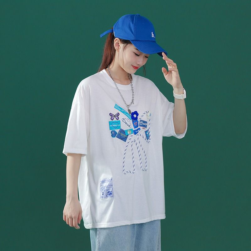 [littlecrab] Kaos Oversize Outline Pita Biru Putih Design Awan Bunga Kupu-Kupu Bordir T-shirt Couple Unisex Lembut Berkualitas Motif Cloud Flower Blue White Unik Korean Style