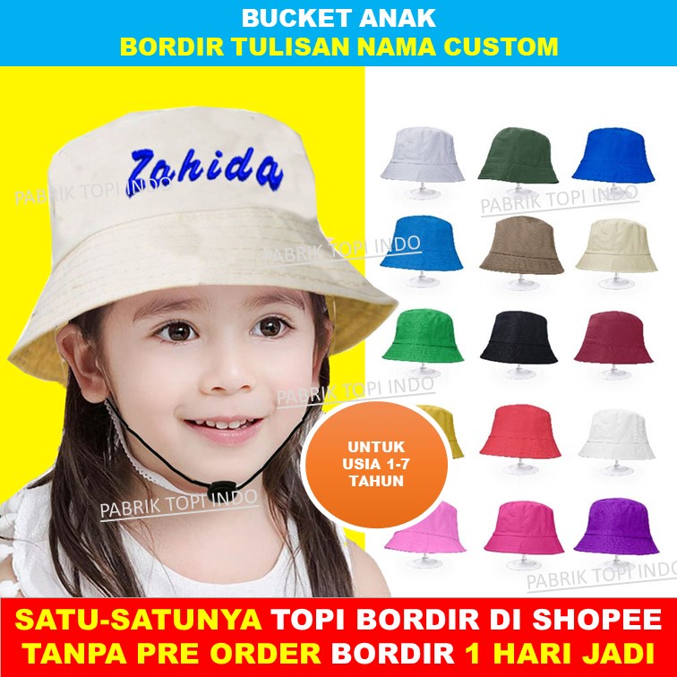 Bucket Hat Polos Anak Custom Desain Suka Suka Bordir 1 Hari Jadi Anak Usia 1 - 6 Tahun