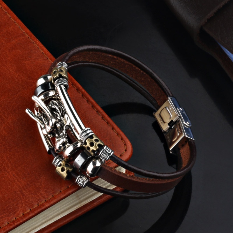 Gelang Kulit Bentuk Naga Bahan Stainless Steel Gaya Vintage Punk Untuk Pria