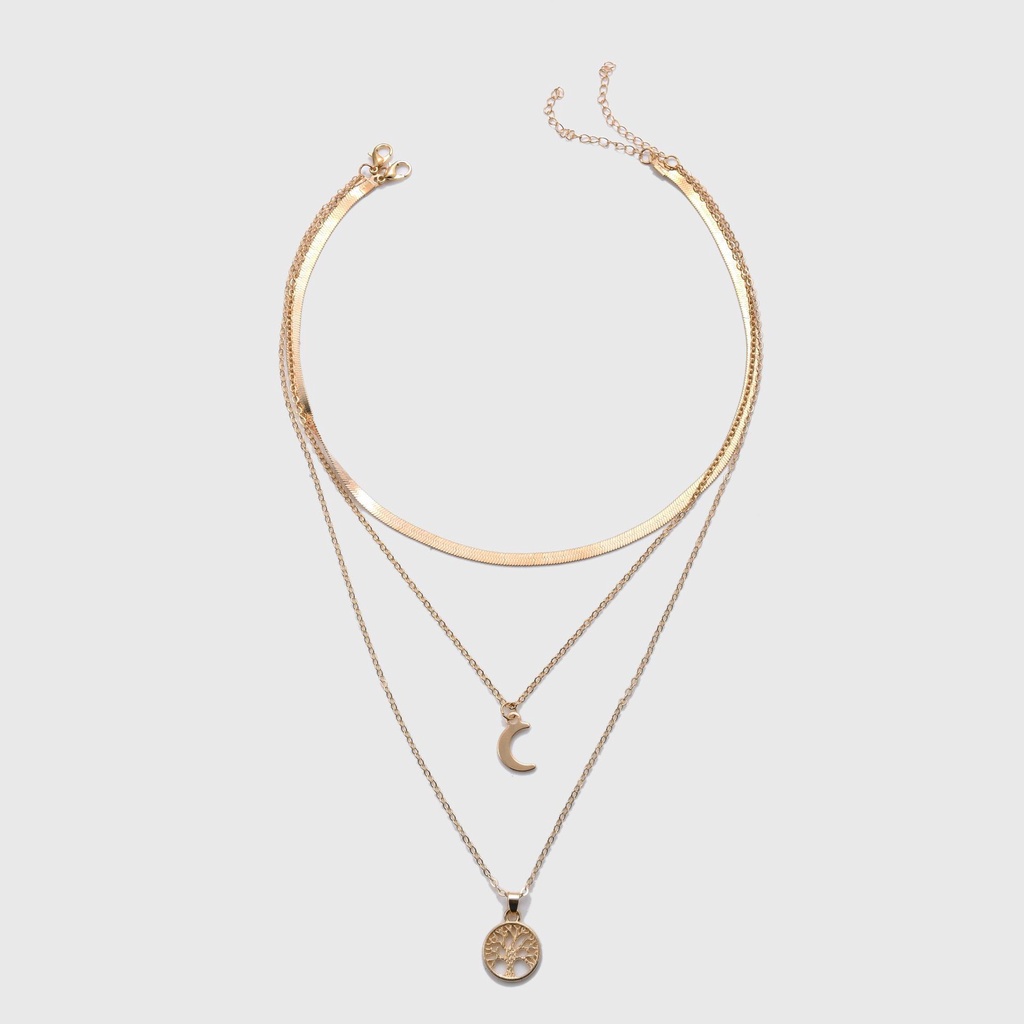 Kalung Multi layer Bahan Alloy Dengan Liontin Bulan Dan Pohon Kehidupan Untuk Wanita